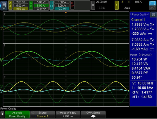 Figure 1: The Keysight IntegraVision power analyzer can display voltage, current and power traces  in real time (like a scope) while simultaneously providing live measurements of power quality (like a power analyzer)