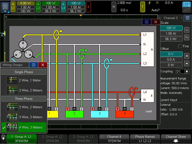 Figure 2: The Keysight PA2203A power analyzer wiring wizard enables engineers to quickly configure complex 3-phase setups, including delta and wye configurations
