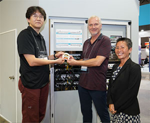 From Left to Right: Dr. Masafumi Oe, assistant professor, Astronomy Data Center, National Astronomical Observatory of Japan presents Best of Show Award at Interop Tokyo 2019 for the AresONE-400GE test systems to Jerry Pepper, Keysight Fellow, Ixia Solutions Group, Keysight Technologies, and Thananya Baldwin, vice president, strategic programs, Ixia Solutions Group, Keysight Technologies.