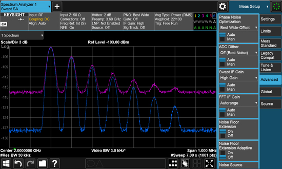 Figure 1: A single press on the menu panel provides direct access to Keysight's Noise Floor Extension (NFE) technology, yielding up to 12 dB improvement in spectrum analysis noise floor 
