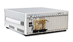 Angled shot including cabling: The M9381A is made up of 4 modules: M9311A digital vector modulator, M9310A source output, M9301A synthesizer and M9300A frequency reference. 