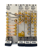 Angled shot including cabling: The M9381A is made up of 4 modules: M9311A digital vector modulator, M9310A source output, M9301A synthesizer and M9300A frequency reference. 