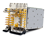 Angled shot including cabling: The M9381A is made up of 4 modules: M9311A digital vector modulator, M9310A source output, M9301A synthesizer and M9300A frequency reference. 