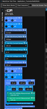 BenchVue Test Flow app custom sequence example. Arrange the blocks in sequence in the order you want to run them. Top to bottom.
